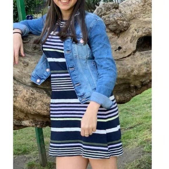 LOU GREY ANN TAYLOR LOFT Stripe Cuffed Tee Dress Navy Blue Multi 100% Cotton S - Picture 3 of 13